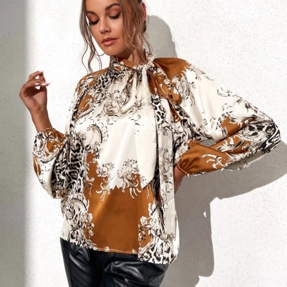 NEW INVENTORY 🔥Leopard & Graphic Print Tie Neck Blouse🔥 - Picture 2 of 9